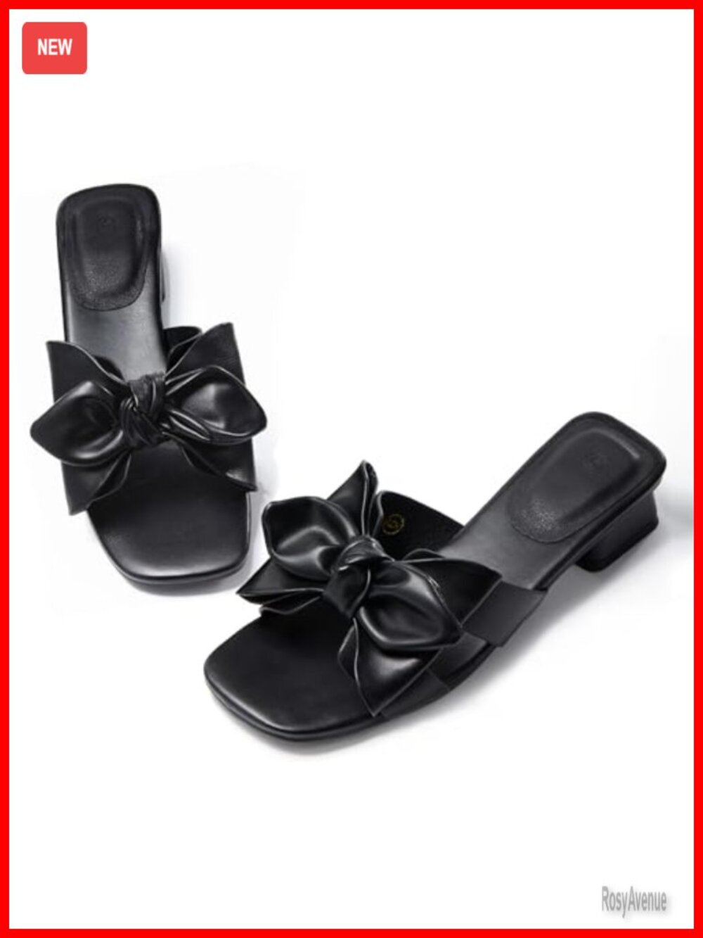 Faux Leather Bow Slide Sandals Chunky Block Heel Open Toe Mules